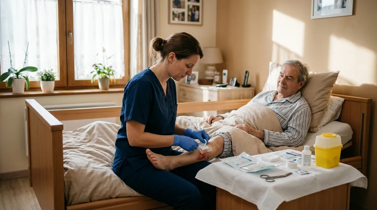 Infirmière libérale réalisant un pansement au domicile d’un patient